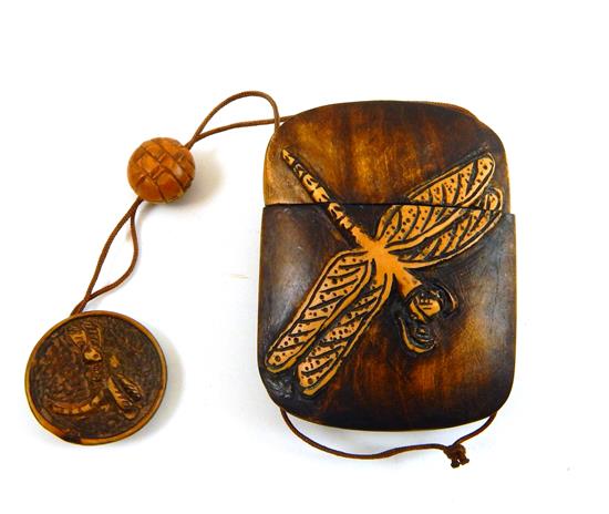 Appraisal: ASIAN Japanese inro single-case dragonfly and grasshopper carved decoration wood