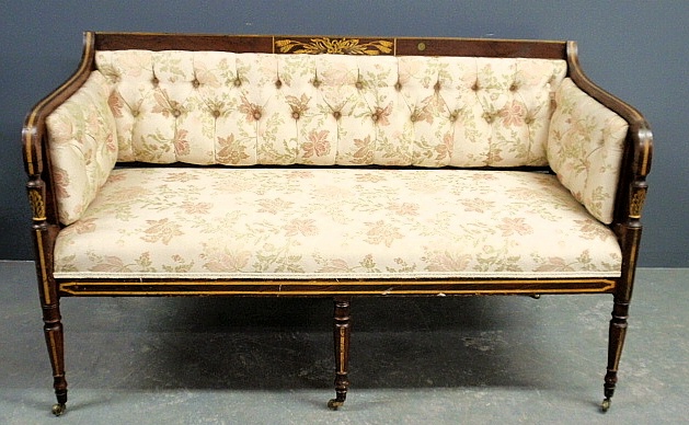 Appraisal: - Pair of Sheraton style paint decorated rosewood upholstered settees