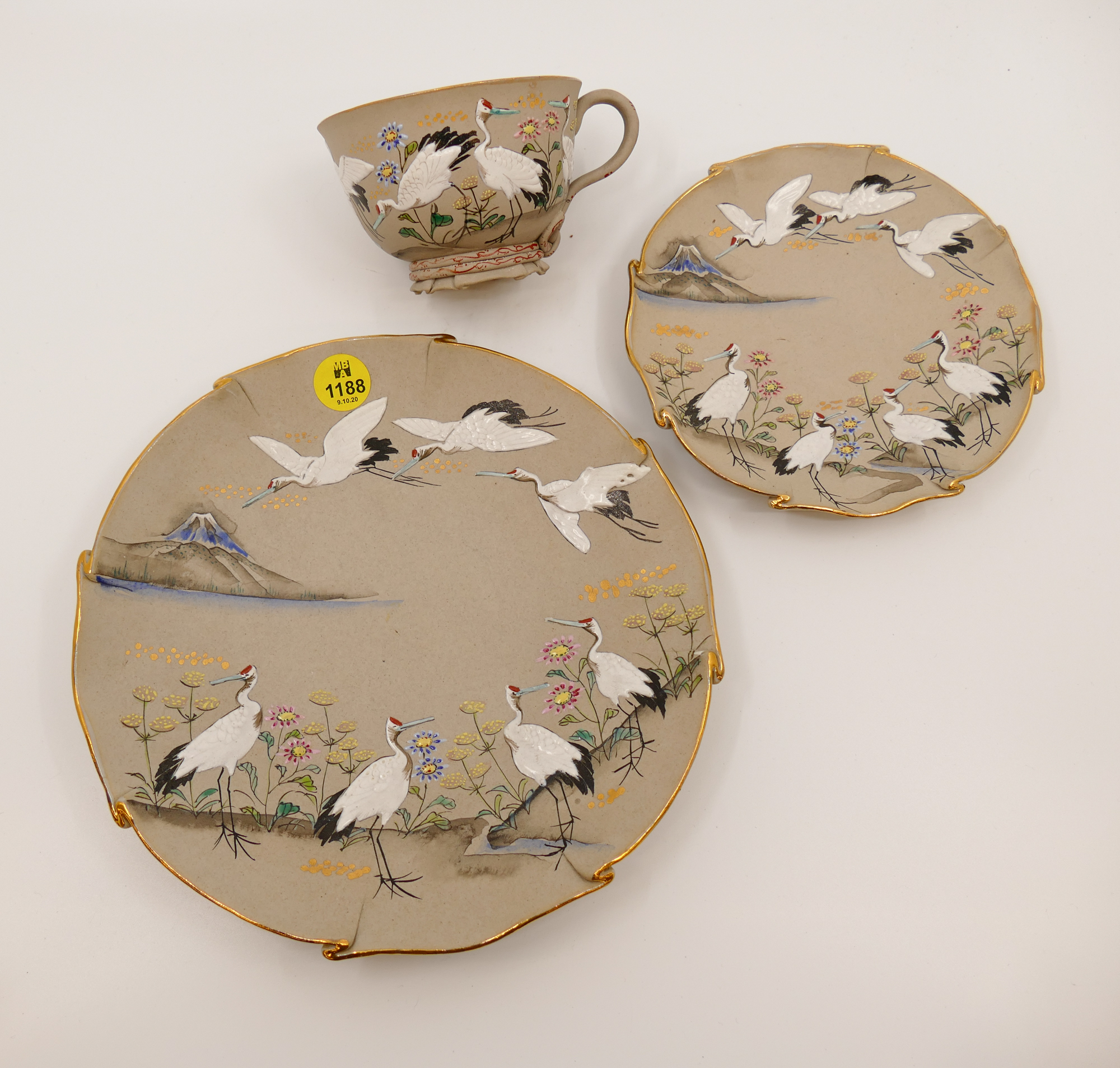 Appraisal: pc Japanese Banko Moriagi Crane Cup Saucer Plate Set