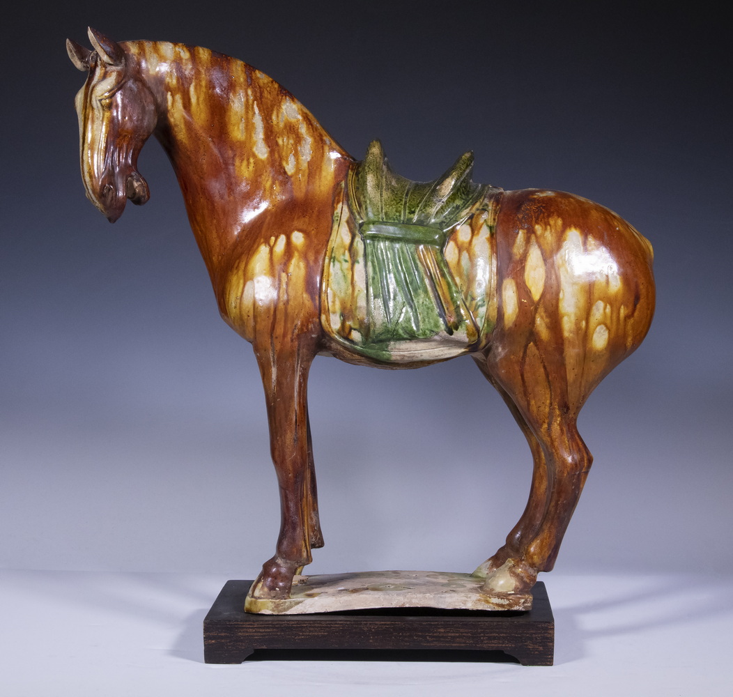 Appraisal: LARGE TANG DYNASTY TOMB HORSE Sancai Glazed Standing Horse in