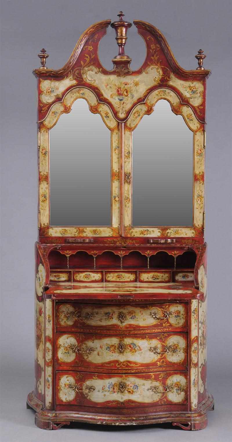 Appraisal: VENETIAN ROCOCO STYLE PAINTED BUREAU BOOKCASE The breakarch crest with