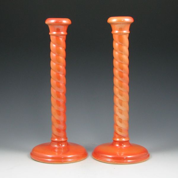 Appraisal: Cowan Marigold luster candleholders that have factory glazed over holes