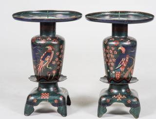 Appraisal: PAIR OF CLOISONNE ENAMEL PRICKET STICKS Chinese Each with large