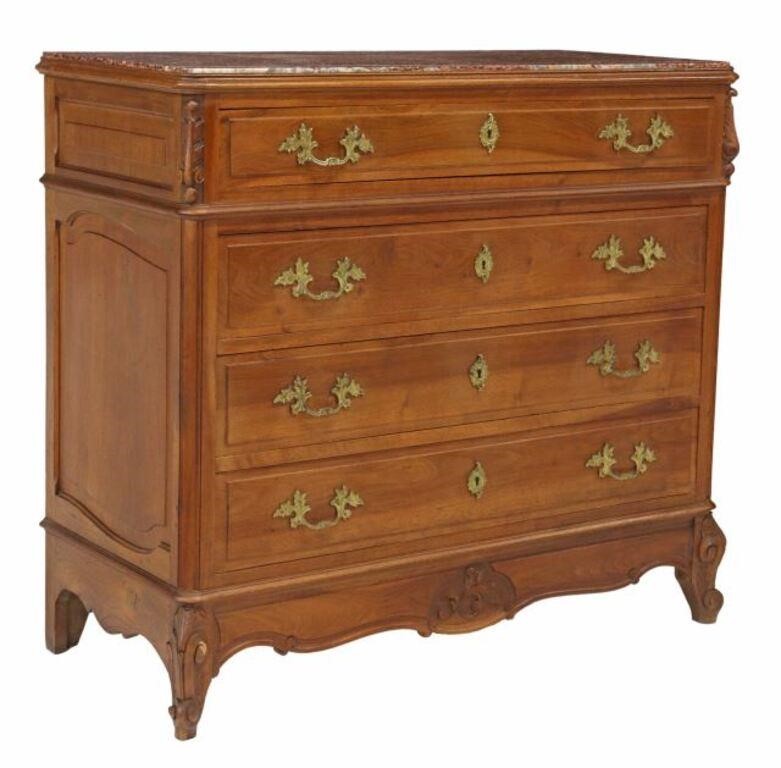 Appraisal: French Louis XV style walnut commode th c marble top