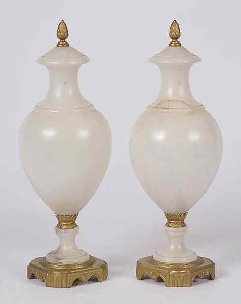 Appraisal: Alabaster Urns Continental a pair of alabaster covered urns wired