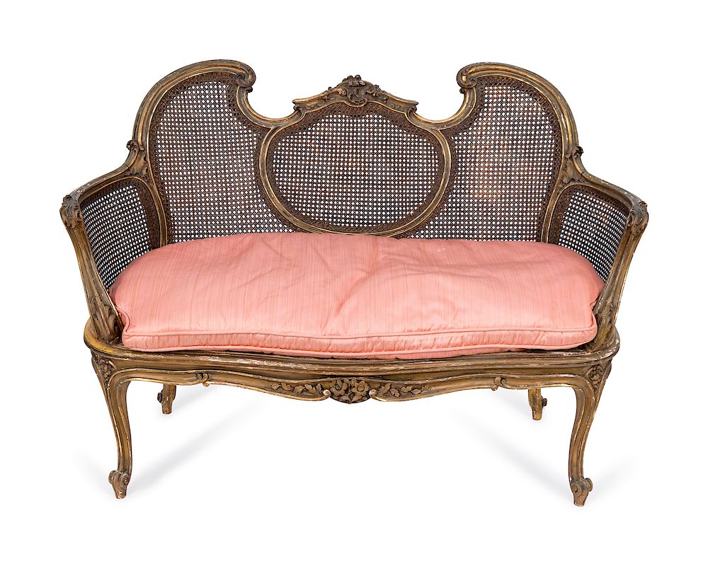 Appraisal: A Louis XV Style Giltwood and Caned Canape Height x