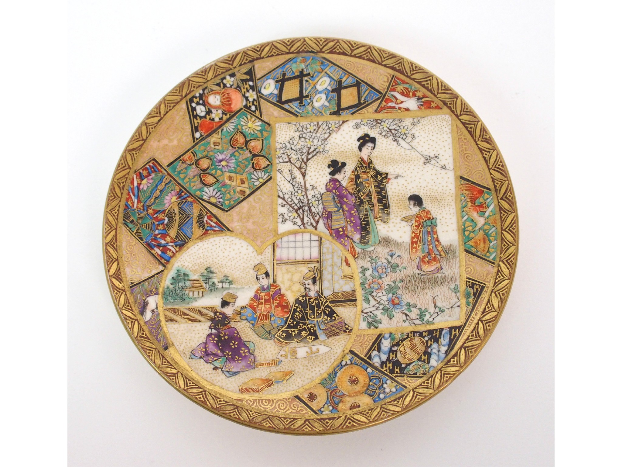 Appraisal: A Satsuma small dishpainted with panels of figures in gardens