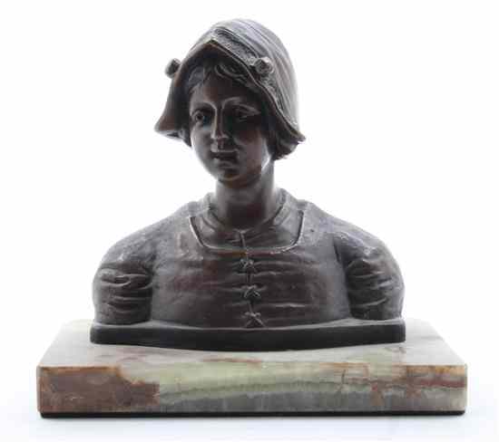 Appraisal: A Continental Bronze Bust depicting a girl in a bonnet