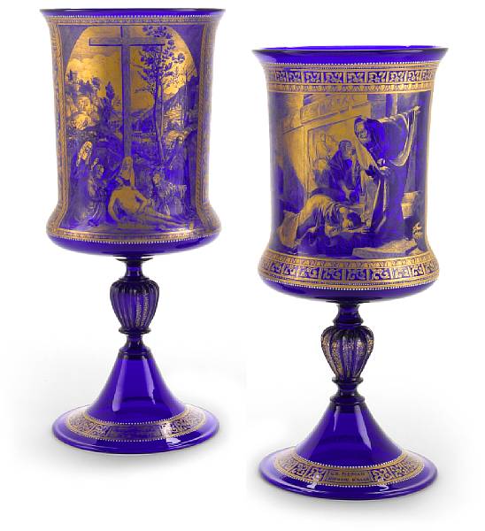 Appraisal: Two Murano gilt heightened cobalt blue glass vases early th