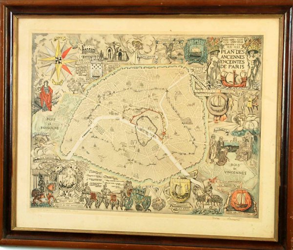 Appraisal: Handcolored engraved map of old Paris Titled Plan Des Anciennes