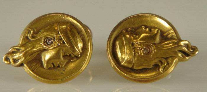 Appraisal: K YG cufflinks with art nouveau ladies heads set with