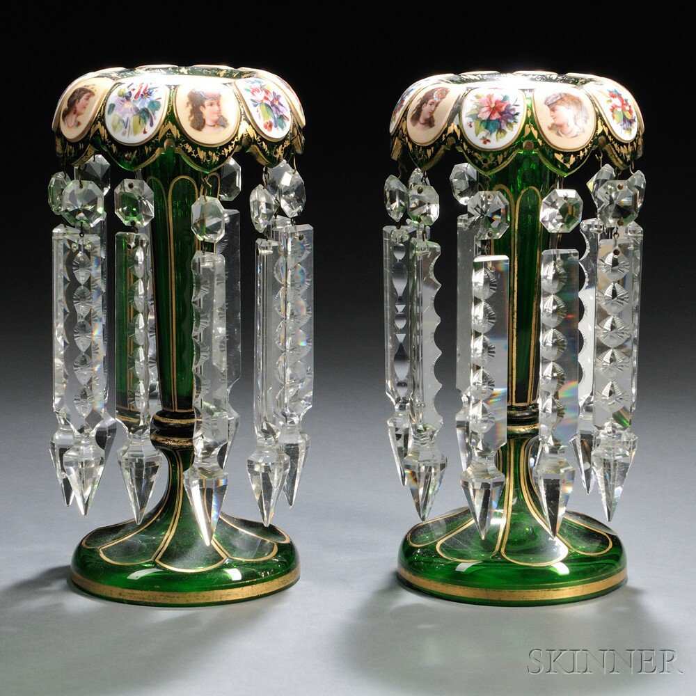 Appraisal: Pair of Bohemian Glass Overlay Lustres th century gilded trim