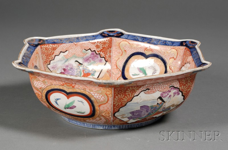 Appraisal: Porcelain Bowl Japan th century hexagonal form Kutani-style decoration of