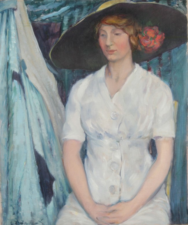 Appraisal: Portrait of a woman in white dress oil on canvas