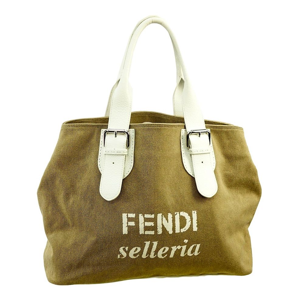 Appraisal: Fendi Light Brown White Selleria Canvas Tote Fendi Light Brown