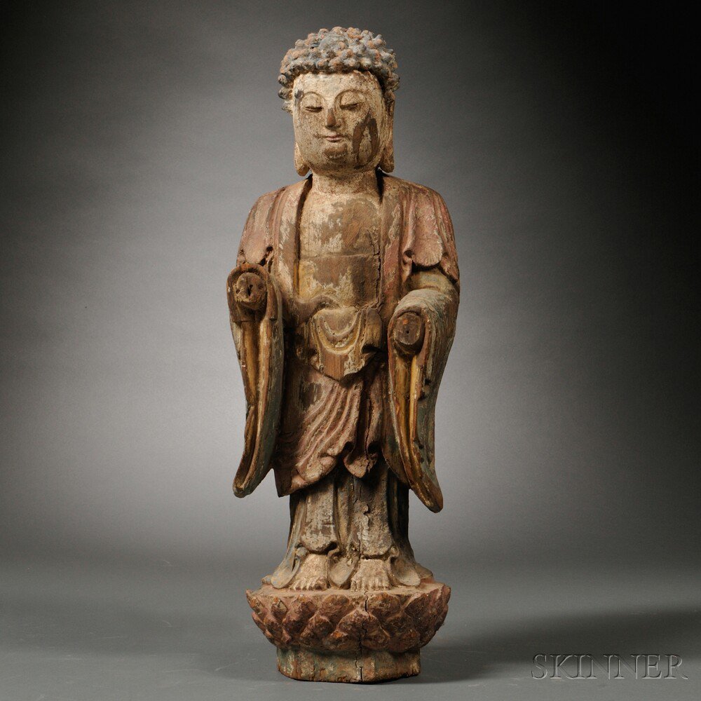 Appraisal: Wooden Buddha China standing on a lotus throne with original