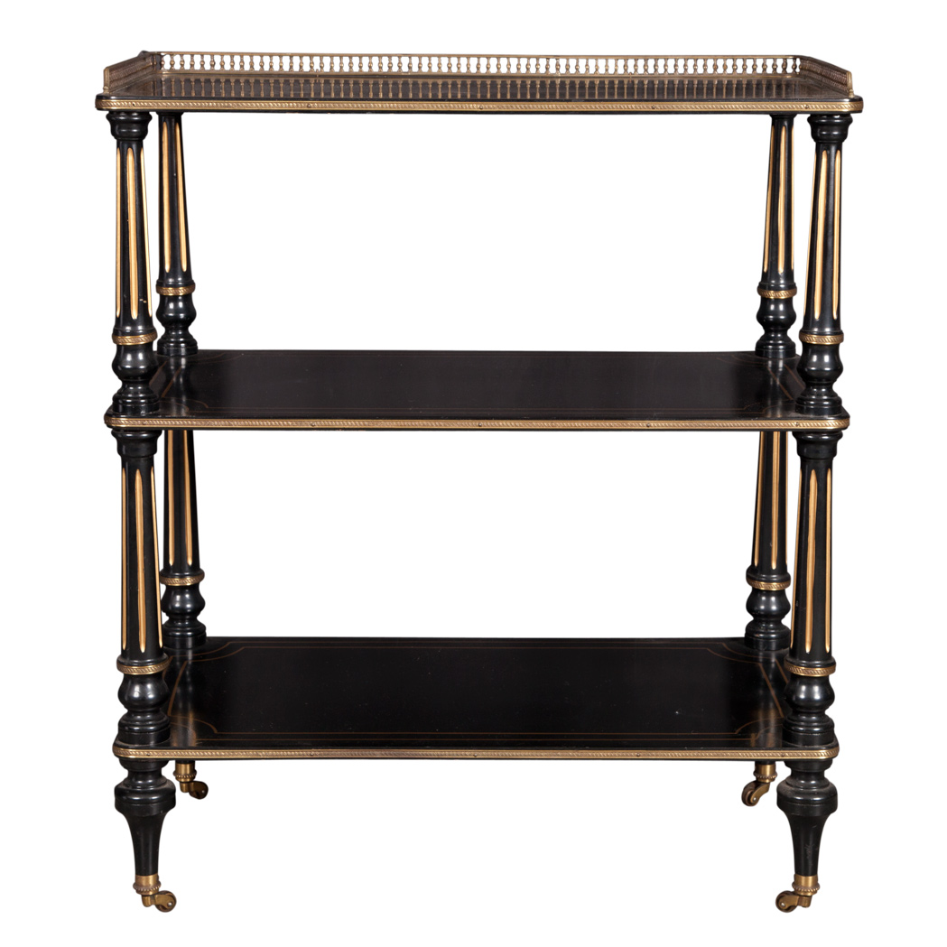 Appraisal: Victorian Style Black Painted and Parcel Gilt Three-Tier Etagere The