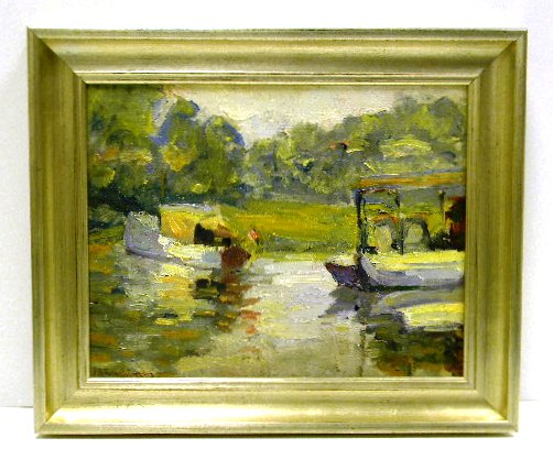 Appraisal: Oil on canvas signed LL depicting boats afloat on lake