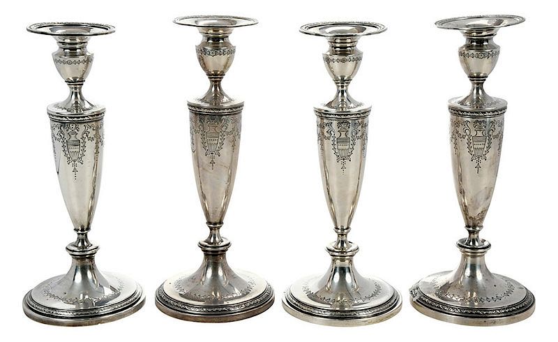 Appraisal: Set of Four Sterling Candlesticks American th century engraved scroll