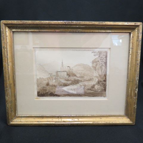 Appraisal: Fine Early Ink and Gouache landscape with castle and figures