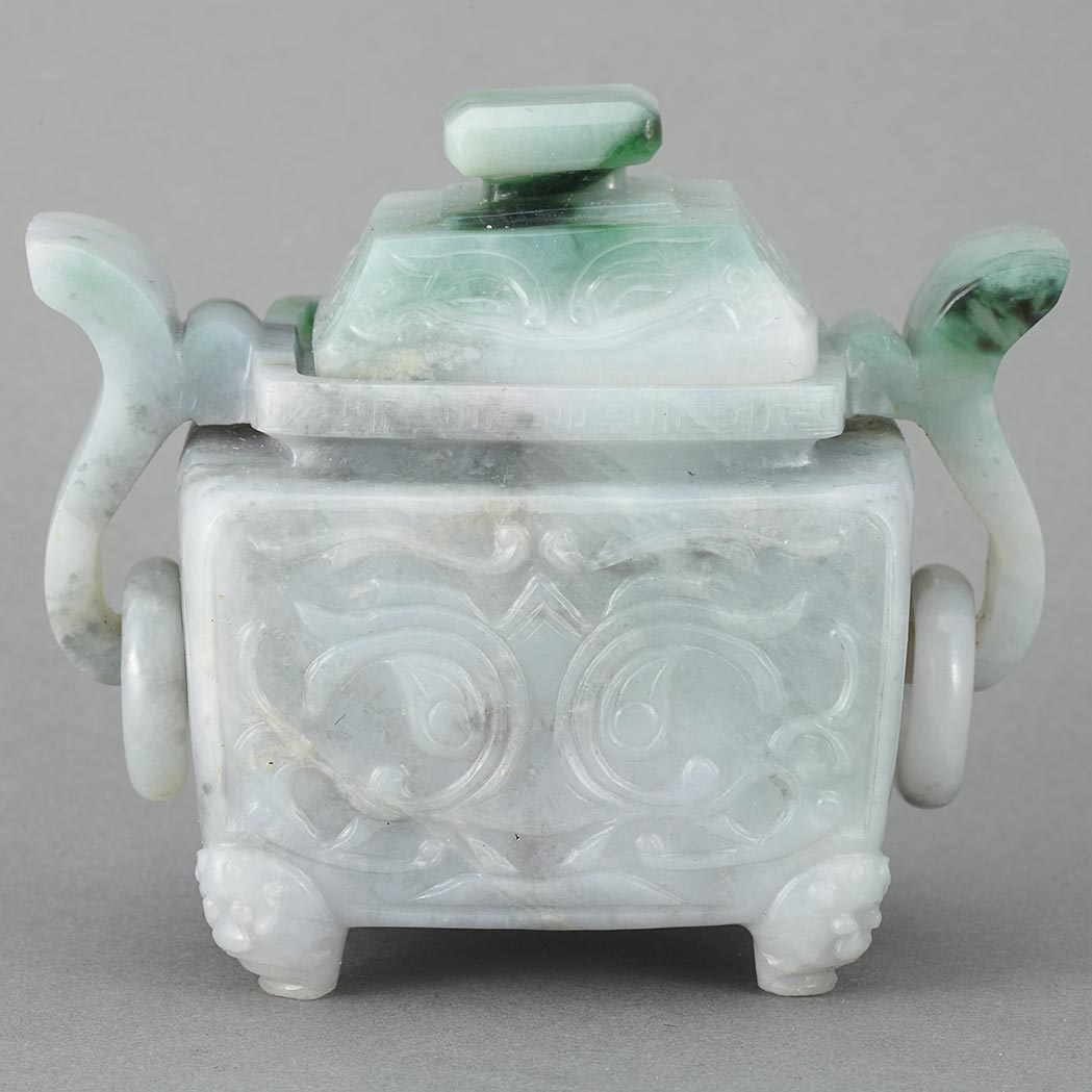 Appraisal: Chinese Jadeite Censer th Century The square form raised on