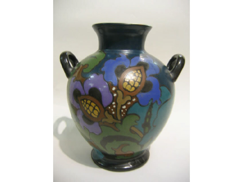 Appraisal: DECORO ENGLAND Double handled pottery vase with allover hand painted