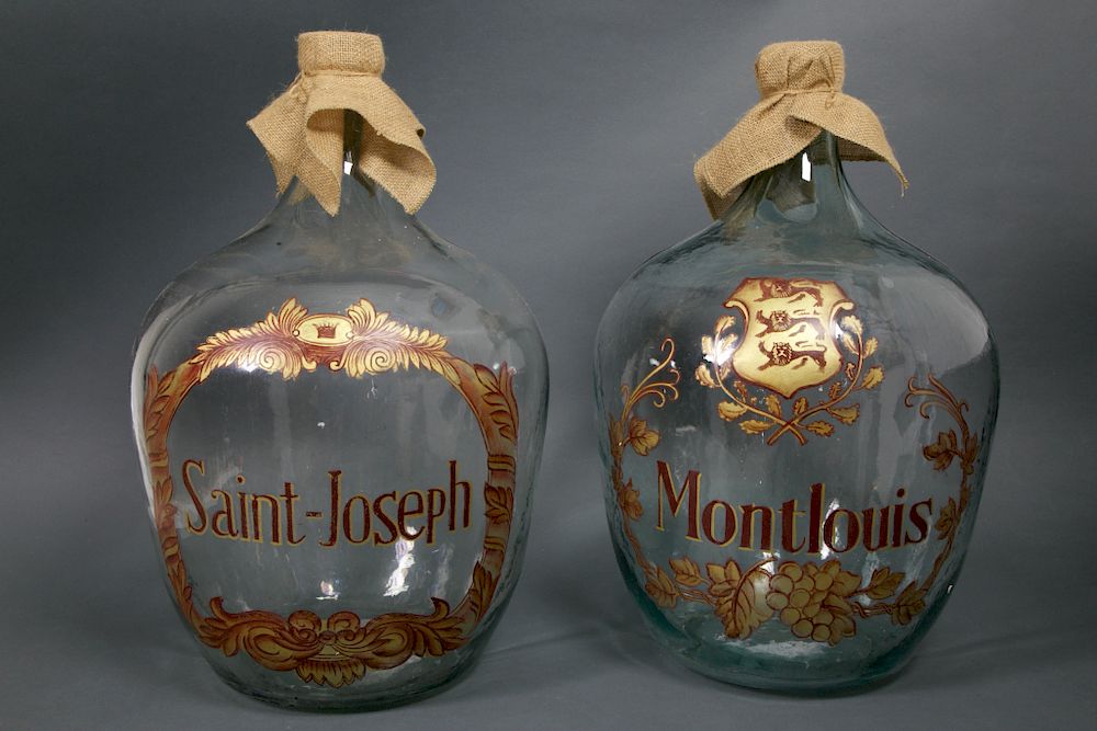 Appraisal: Two French Hand Decorated Glass Wine Storage Bottles Saint-Joseph and