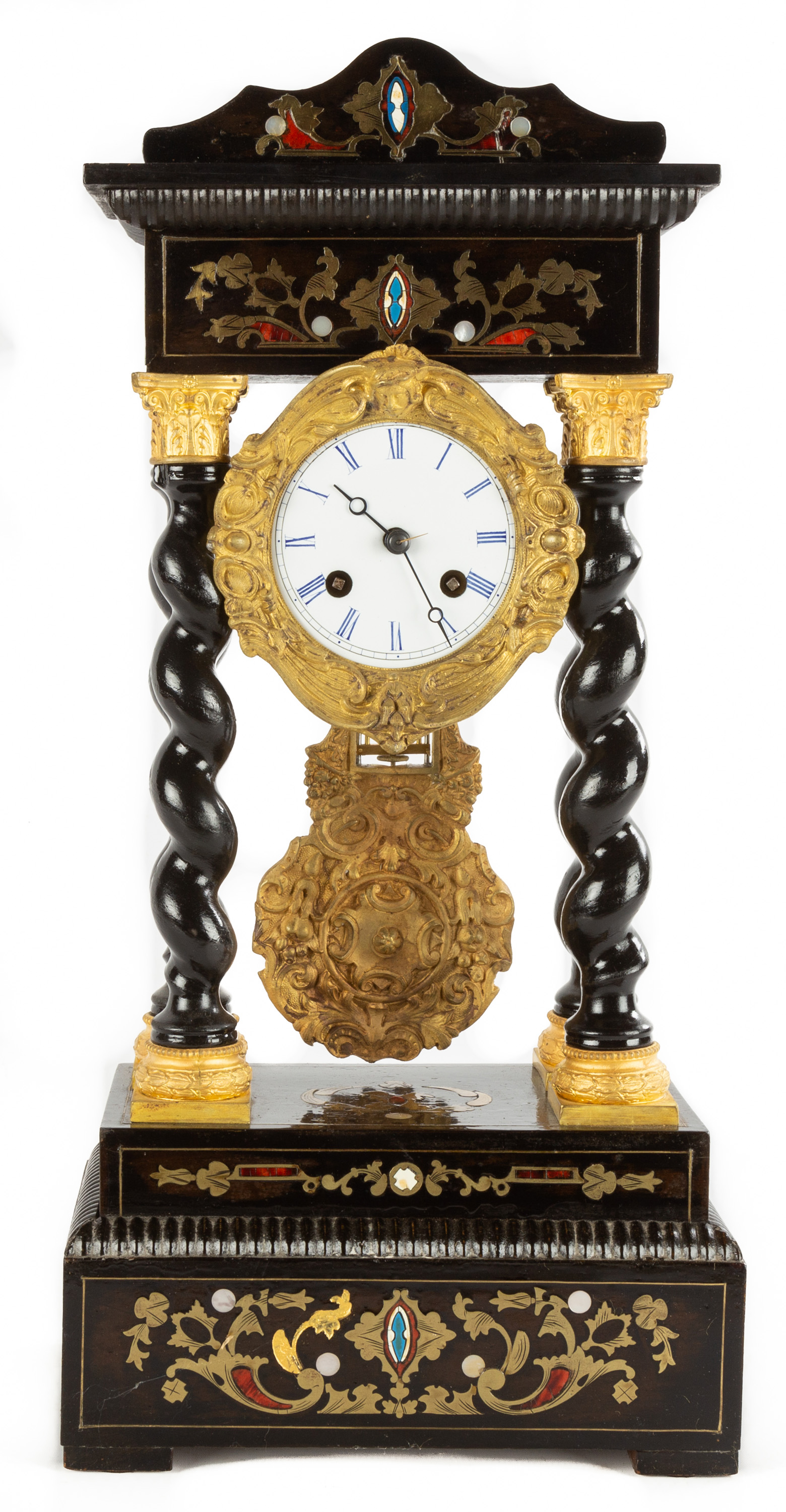 Appraisal: TH CENTURY FRENCH PORTICO CLOCK Ebonized case with turned columns