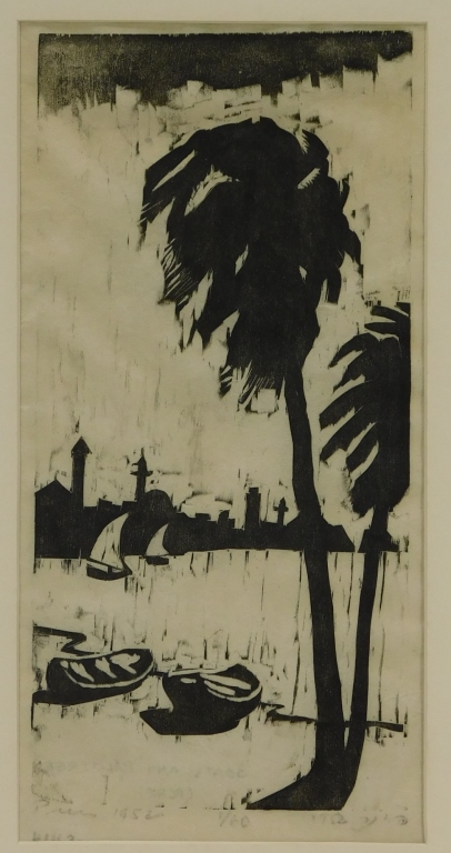 Appraisal: JACOB PINS BEACH SCENE LANDSCAPE ETCHING Israel Germany - Boats