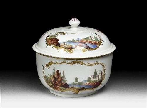 Appraisal: SUGAR BOWL AND LID Ludwigsburg circa Painted with river landscape