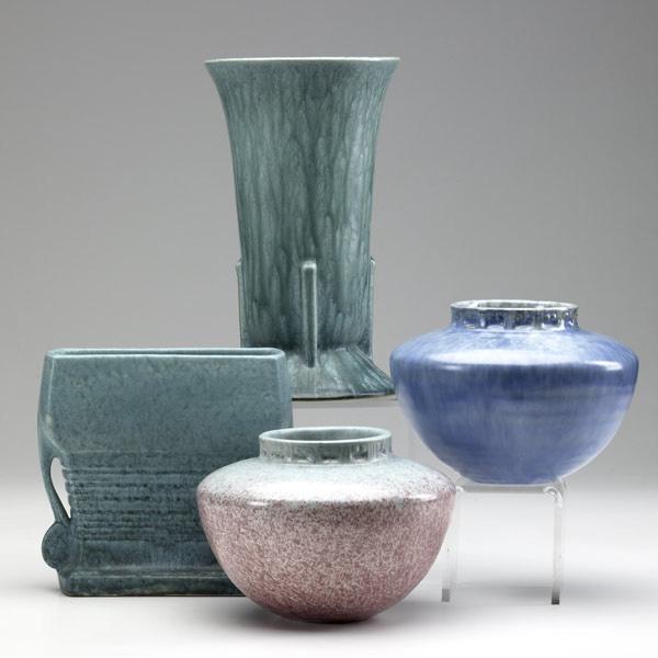 Appraisal: ROSEVILLE Tourmaline four vases seafoam on Futura blank restoration to