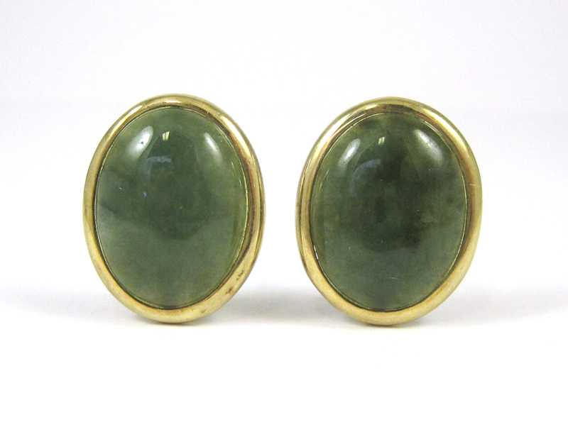 Appraisal: PAIR OF JADE AND YELLOW GOLD EARRINGS each k yellow