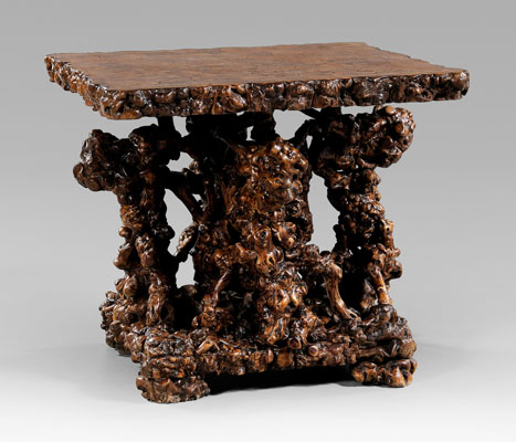 Appraisal: Rustic root and burlwood center table oyster style end-grain square