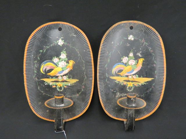 Appraisal: Pair of Tole Tin Candle Sconces oval bird and floral