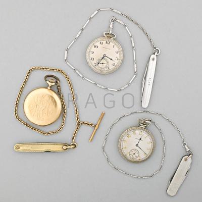 Appraisal: THREE POCKET WATCHES ON CHAINS WITH KNIVES Hamilton wg filled