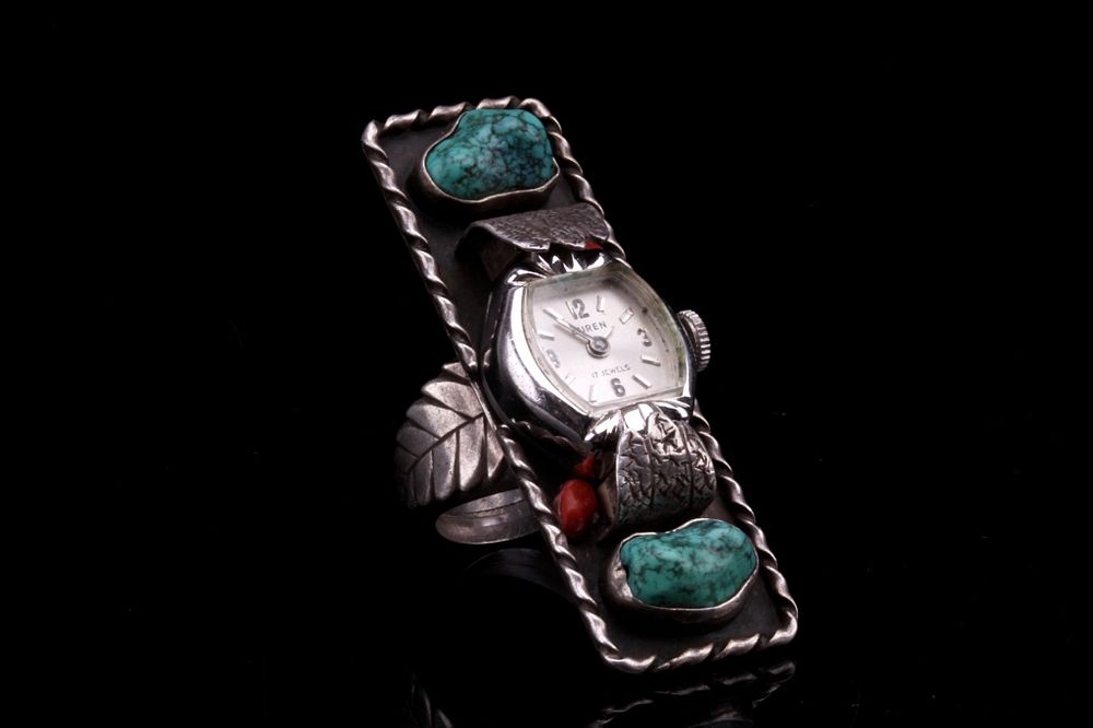 Appraisal: Navajo Silver Turquoise Coral Watch Ring For your consideration is