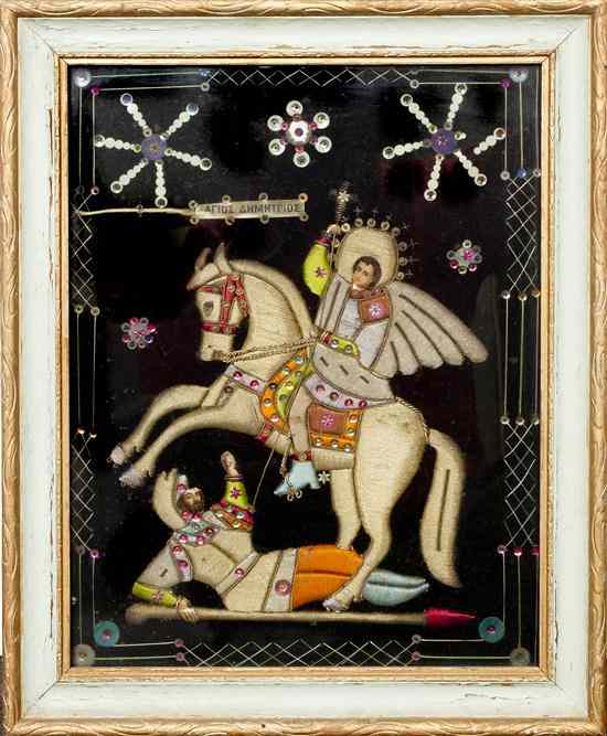 Appraisal: A Russian Embroidery depicting Saint Demetrius Height x width inches