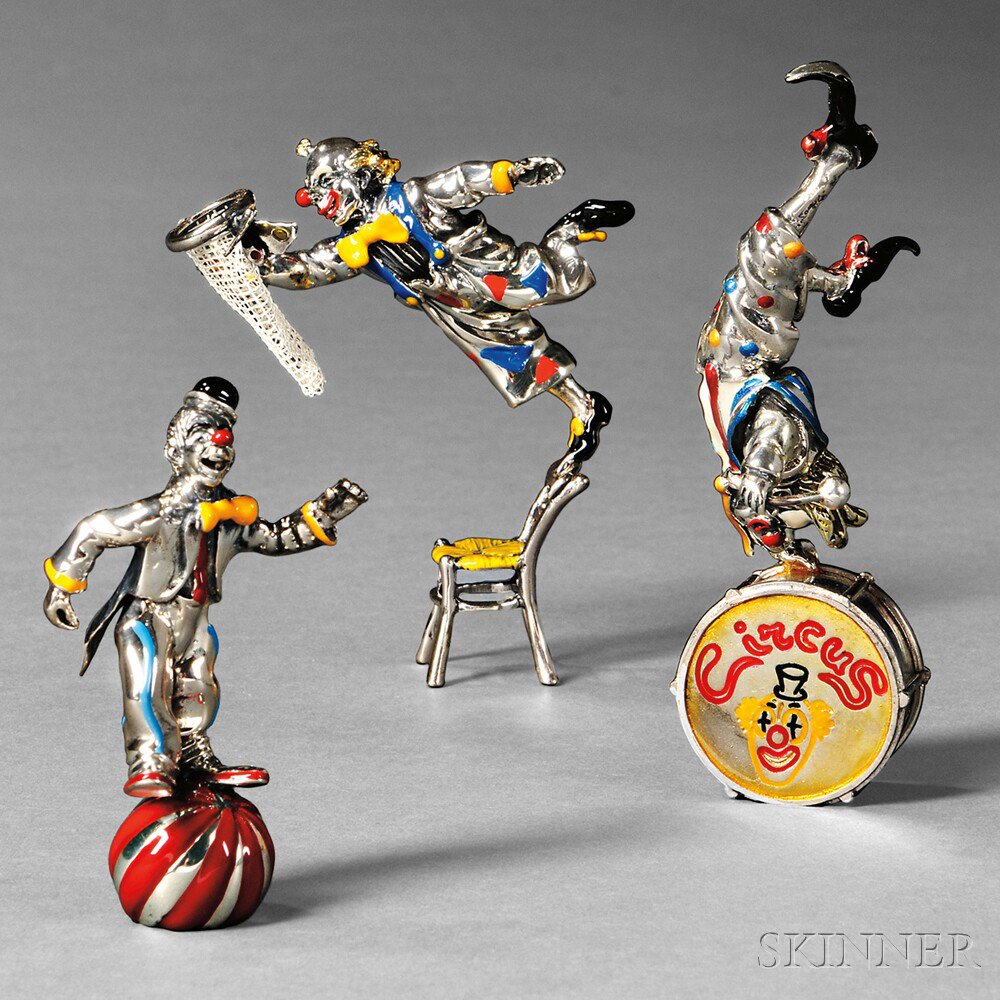 Appraisal: Three Sterling Silver and Enamel Circus Figures Arezzo c Sorini