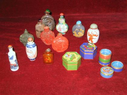 Appraisal: Eleven Chinese snuff bottles and three enamel boxes Comprising one