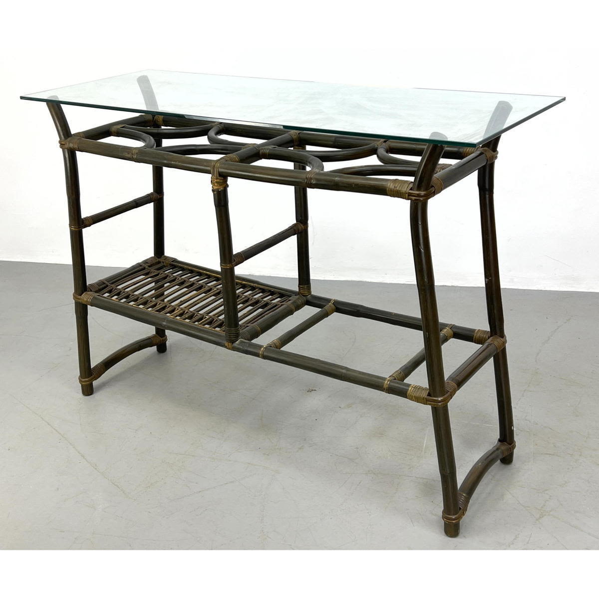 Appraisal: Dark Stained Wrapped Rattan Modern Bar Console Table Glass Top