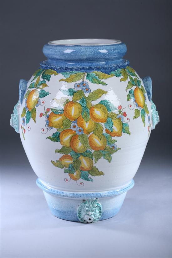 Appraisal: ITALIAN HAND-PAINTED CERAMIC URN th century Colorfully decorated with lemon