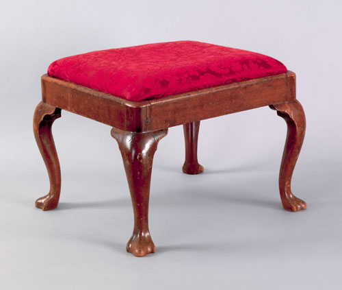 Appraisal: Queen Anne walnut footstool ca the rectangular cushion resting in