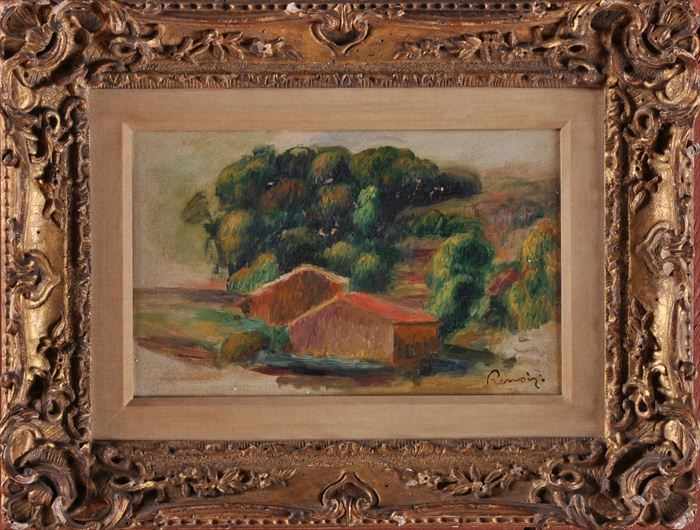 Appraisal: EUROPEAN SCHOOL LANDSCAPE WITH BARNS AND TREES Oil on canvas