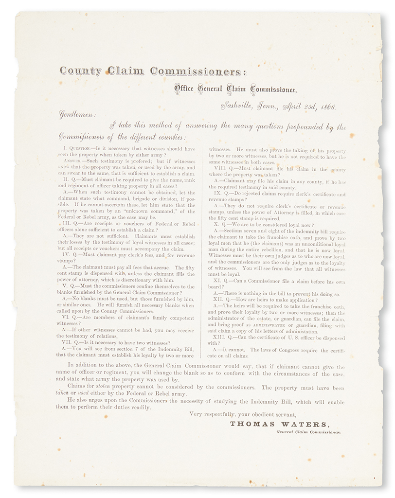 Appraisal: SLAVERY AND ABOLITION RECONSTRUCTION County Claim Commissioners Office General Claim