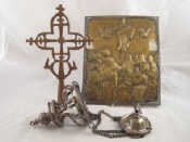 Appraisal: A religious oak backed embossed brass ikon of Pentecost x