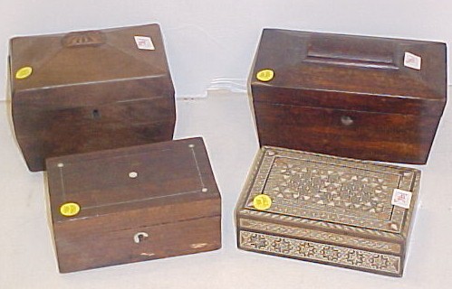 Appraisal: Four wooden boxes one with ivory and mother-of-pearl mosaic inlay