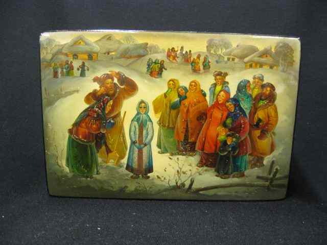 Appraisal: Russian Lacquer Ware Box winter scenewith villagers artist signed -