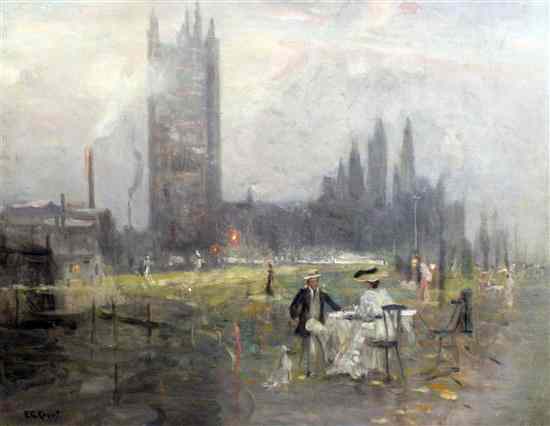 Appraisal: Emily Court - oil on canvas Thamesside View with figures