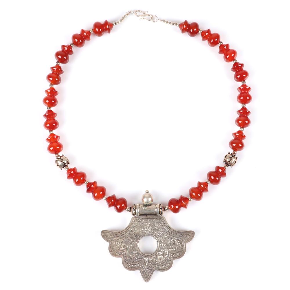 Appraisal: TURKISH TRIBAL NECKLACE WITH CARNELIAN AND STERLING SILVER BEADS AND