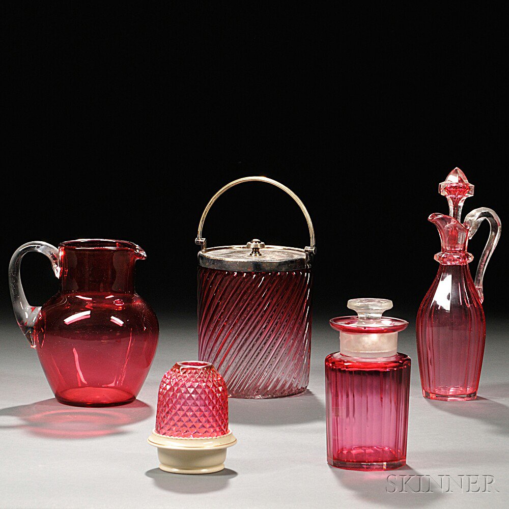 Appraisal: Five Pieces of Cranberry Glass Tableware late th early th